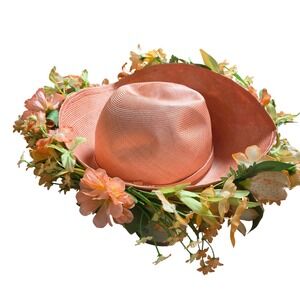 Vintage Jack McConnell New York Floral Straw Sun Hat Kentucky Derby Coral Peach
